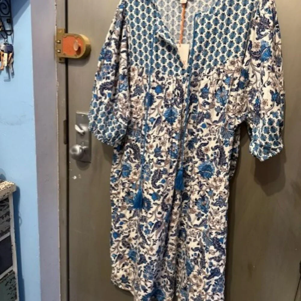 Retro Puff Sleeve Blue Bohemian Floral Tassel Tie Dress - Picture 10 of 16